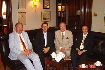 Moray and Hugh at the Savile Club with Michael Bloch (right), associate producer, and Michael Strassen (second from left), audio consultant.