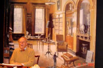 Moray Watson as the ageing JLM in Act 2, set in his Bath library. (Backdrops by Julian Barrow.)